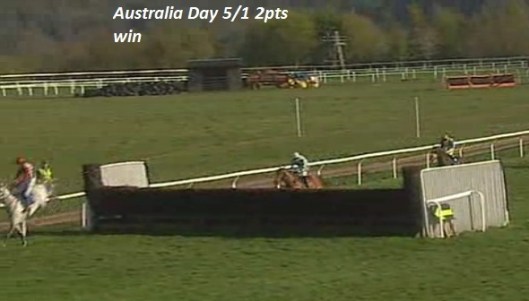 Look at this jump at the 3rd Last the jockey is holding on for dear Life..